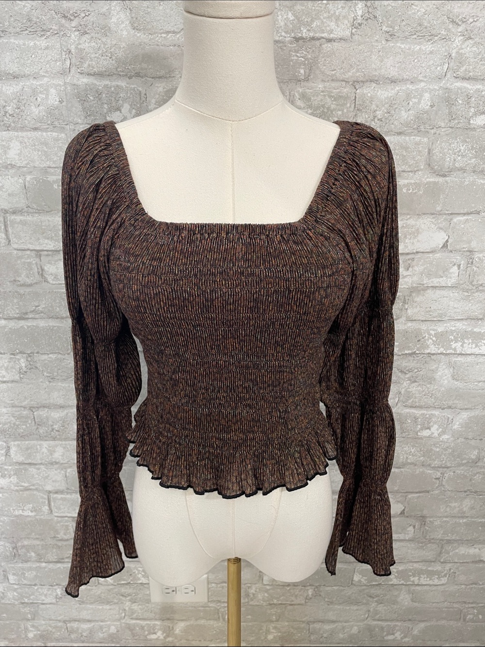 Anthropologie Brown Shimmer Puff Sleeve Smocked Square-Neck Long Sleeve Top